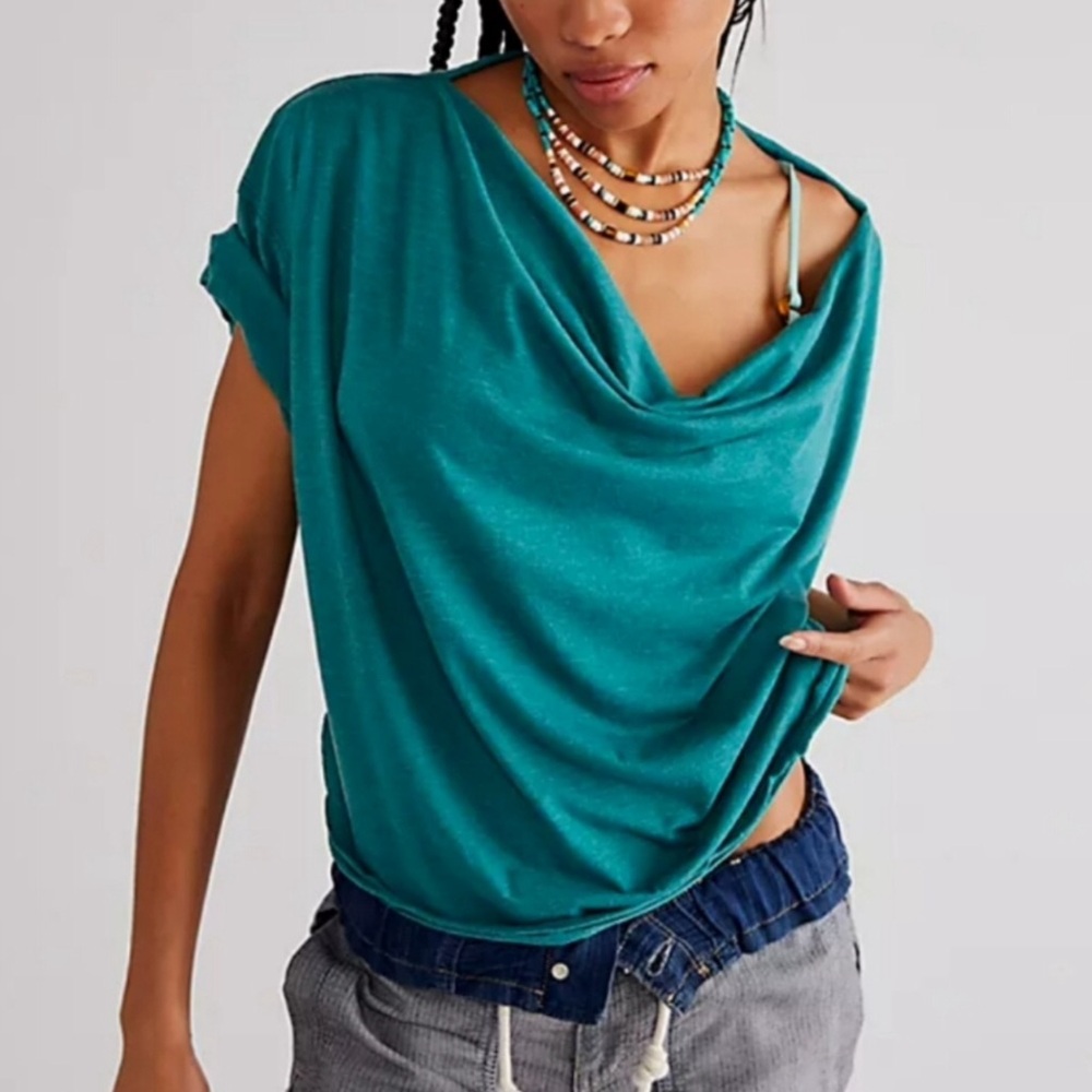 Free People Teal Cowl Neck Short Sleeve Tee